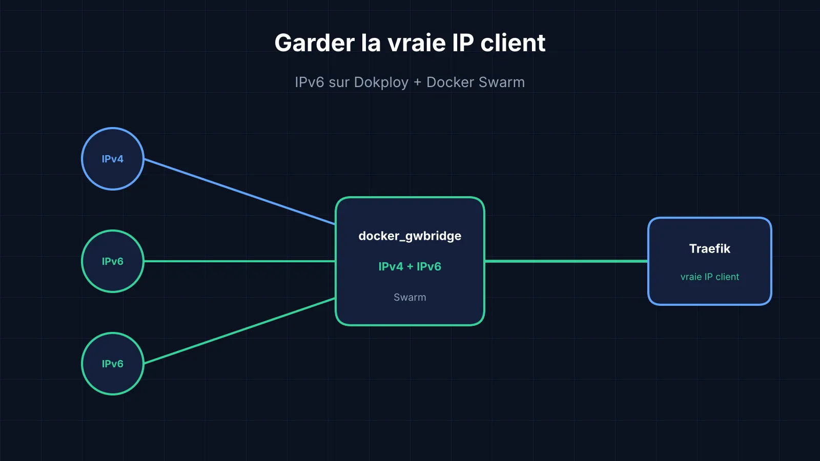 Des visiteurs IPv4 et IPv6 atteignent Traefik via un docker_gwbridge compatible IPv6 et gardent leur vraie IP