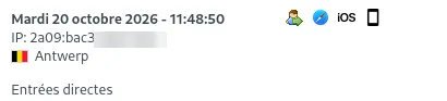 Journal des visites Matomo après correction : la visite affiche une vraie IPv6 (anonymisée) et sa localisation, Anvers